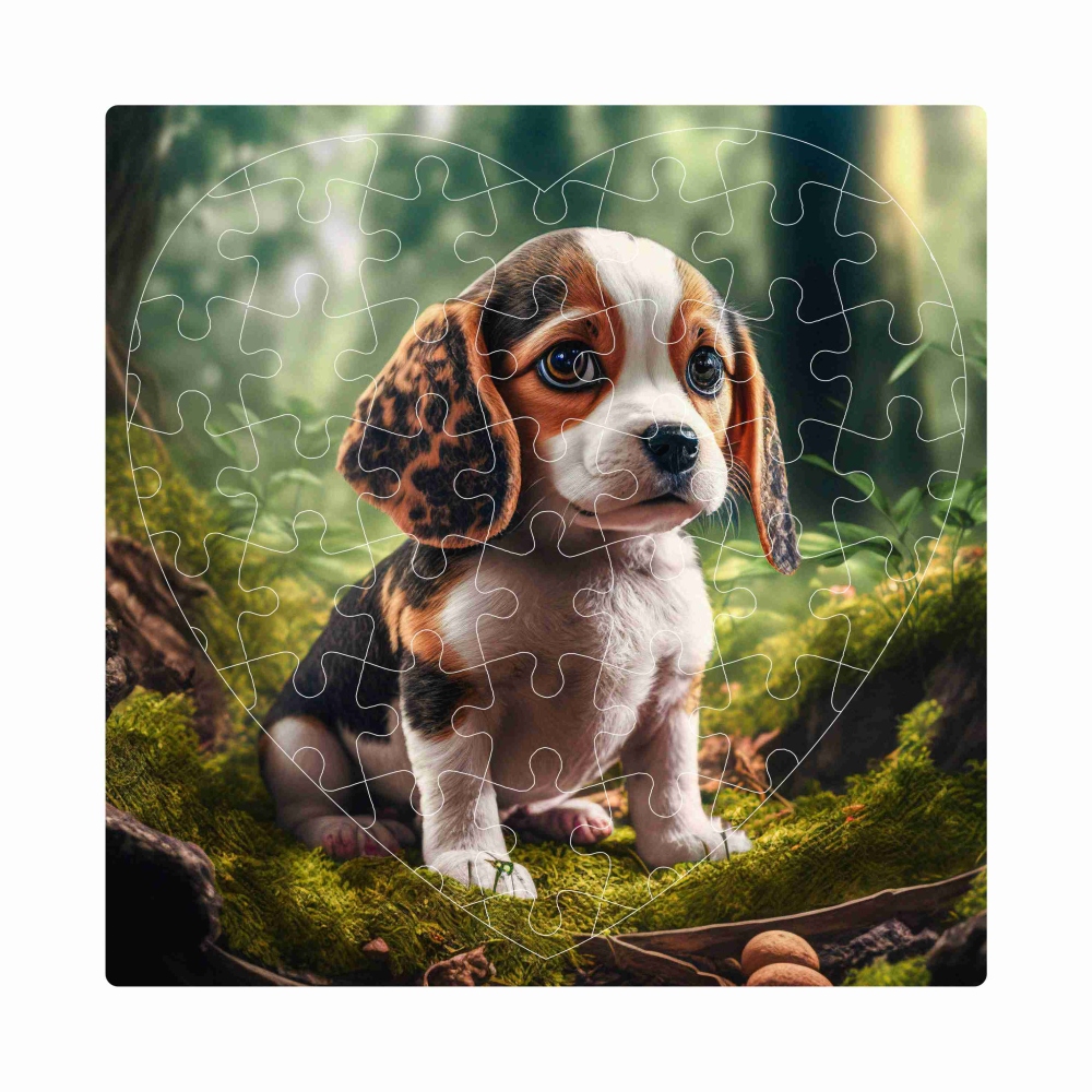Puzzle 19x18cm ve tvaru srdce (76 dílků) s obrázkem - štěně v lese