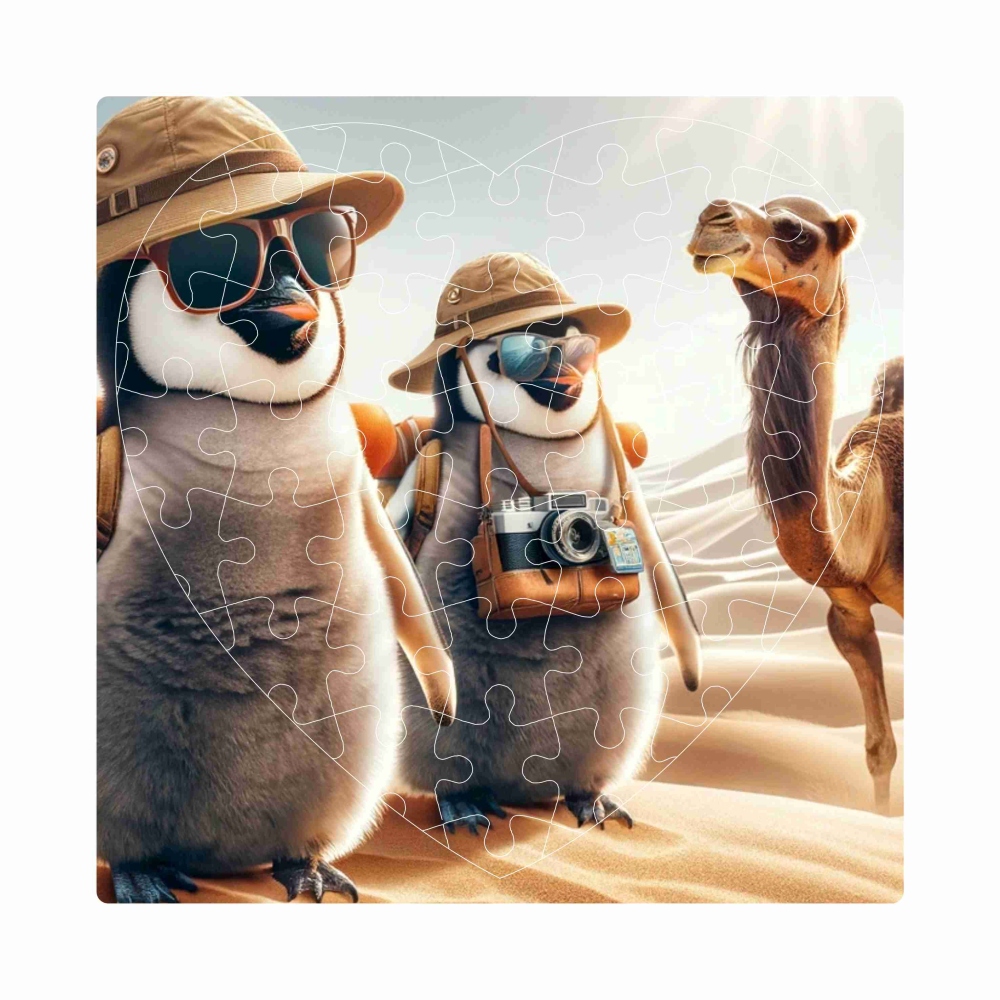 Puzzle 19x18cm ve tvaru srdce (76 dílků) s obrázkem - tučňáci na poušti