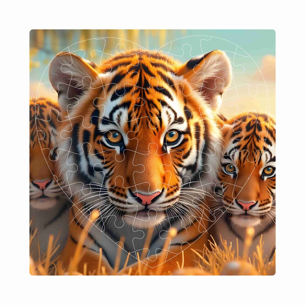 Puzzle 19x18cm ve tvaru srdce (76 dílků) s obrázkem - tygřice s mláďaty