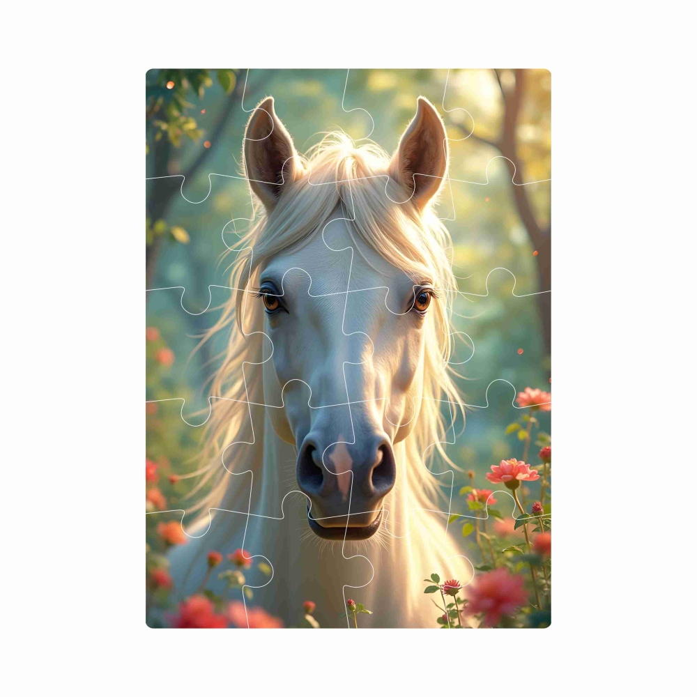 Puzzle 20x15cm (20 dílků) s obrázkem - bílý kůň mezi květy