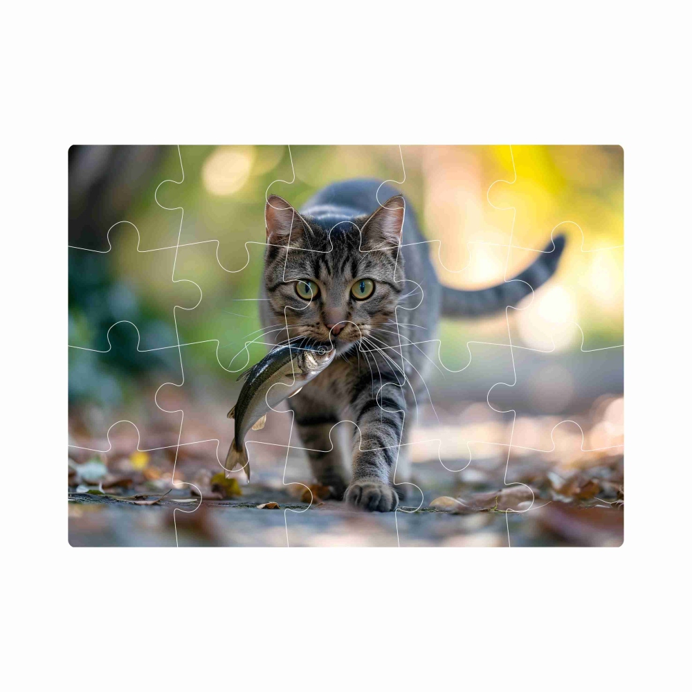 Puzzle 20x15cm (20 dílků) s obrázkem - kočka s rybou