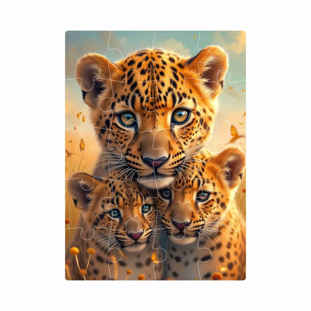 Puzzle 20x15cm (20 dílků) s obrázkem - leopardice s mláďaty