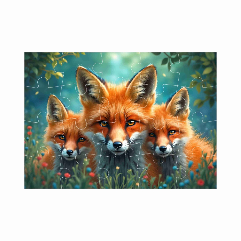 Puzzle 20x15cm (20 dílků) s obrázkem - liška s mláďaty