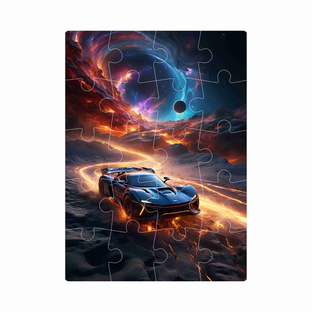Puzzle 20x15cm (20 dílků) s obrázkem - sportovní vůz v galaxii