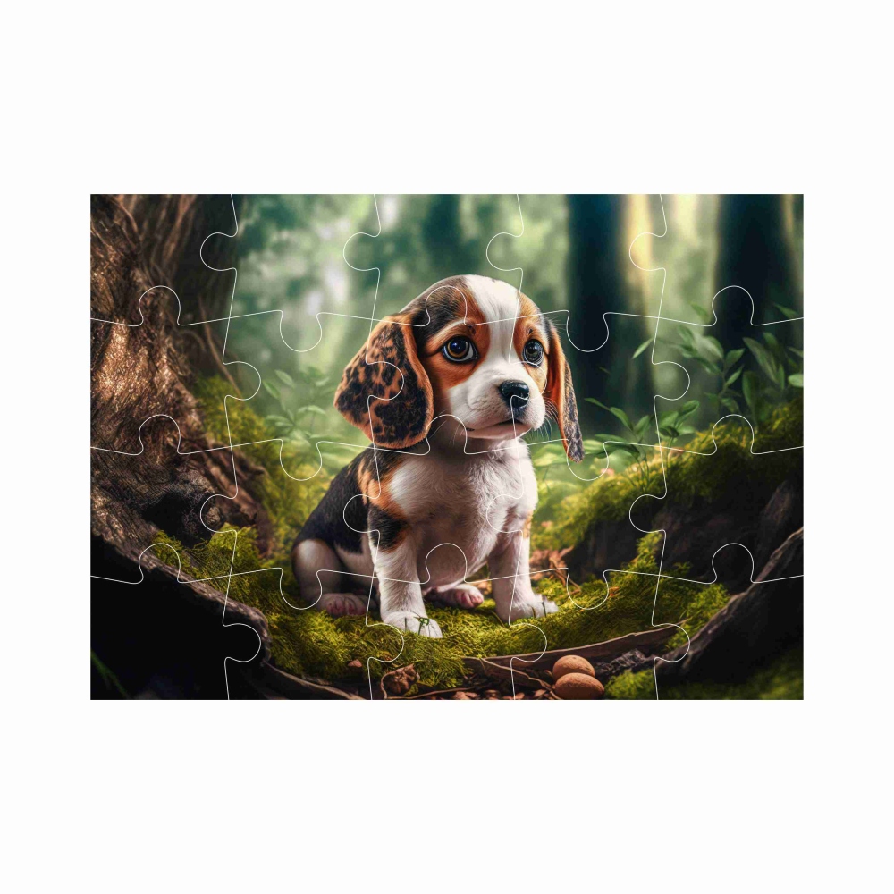 Puzzle 20x15cm (20 dílků) s obrázkem - štěně v lese