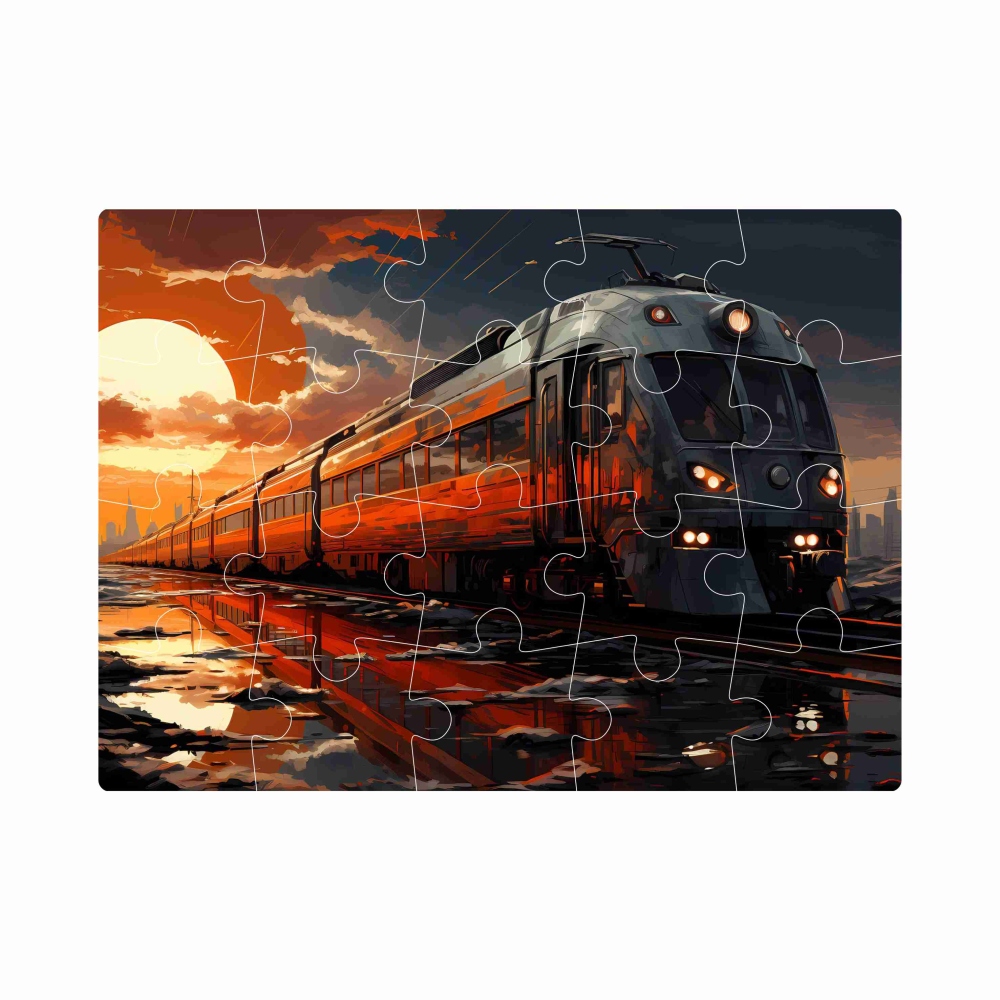 Puzzle 20x15cm (20 dílků) s obrázkem - vlak při západu slunce
