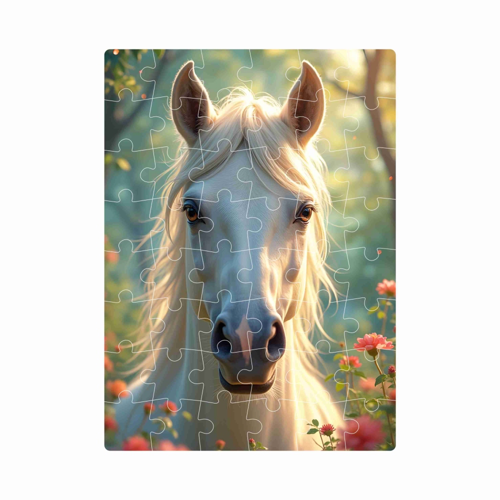 Puzzle 20x15cm (40 dílků) s obrázkem - bílý kůň mezi květy