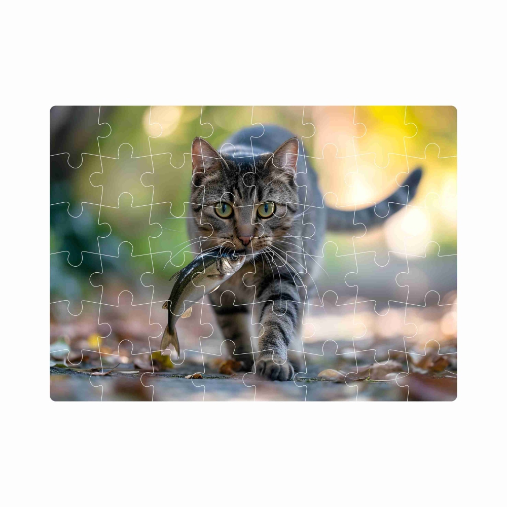 Puzzle 20x15cm (40 dílků) s obrázkem - kočka s rybou