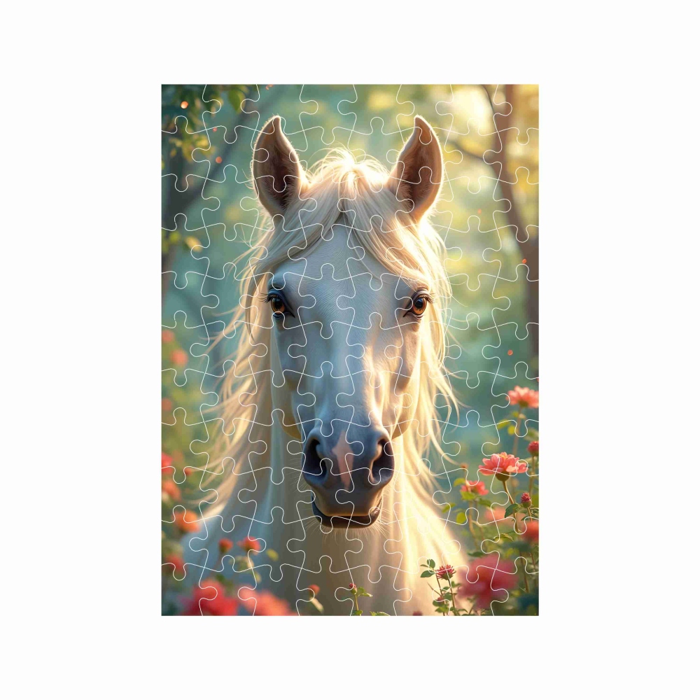 Puzzle 27x19,5cm (88 dílků) s obrázkem - bílý kůň mezi květy
