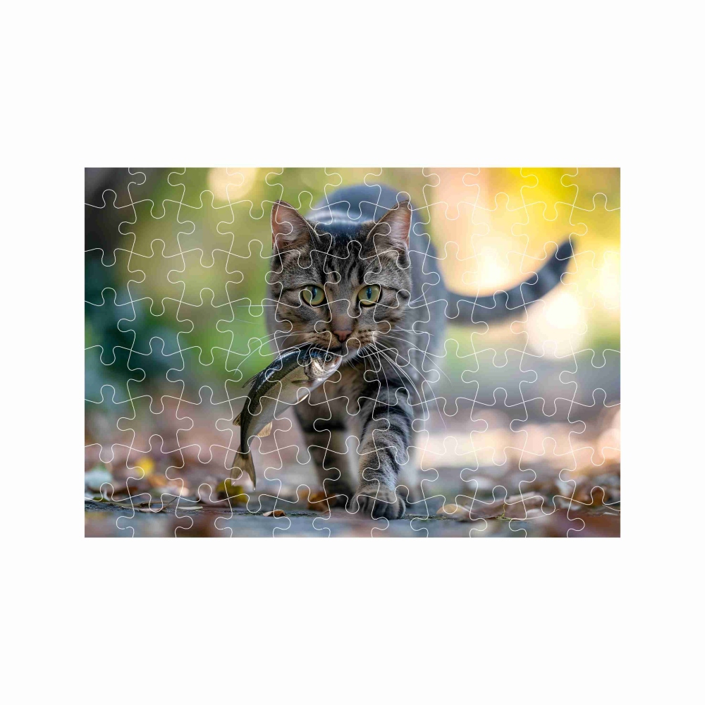 Puzzle A4 29x20cm (120 dílků) s obrázkem - kočka s rybou