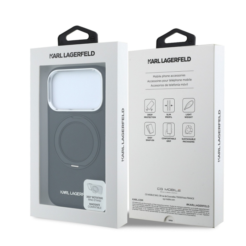 Karl Lagerfeld PU Saffiano Ring Stand MagSafe Zadní Kryt pro iPhone 18 Pro Max Black