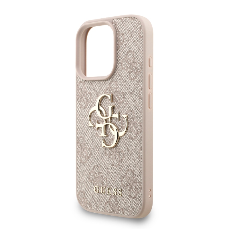 Guess PU 4G Metal Logo Strap Zadní Kryt pro iPhone 16 Pro Max Pink