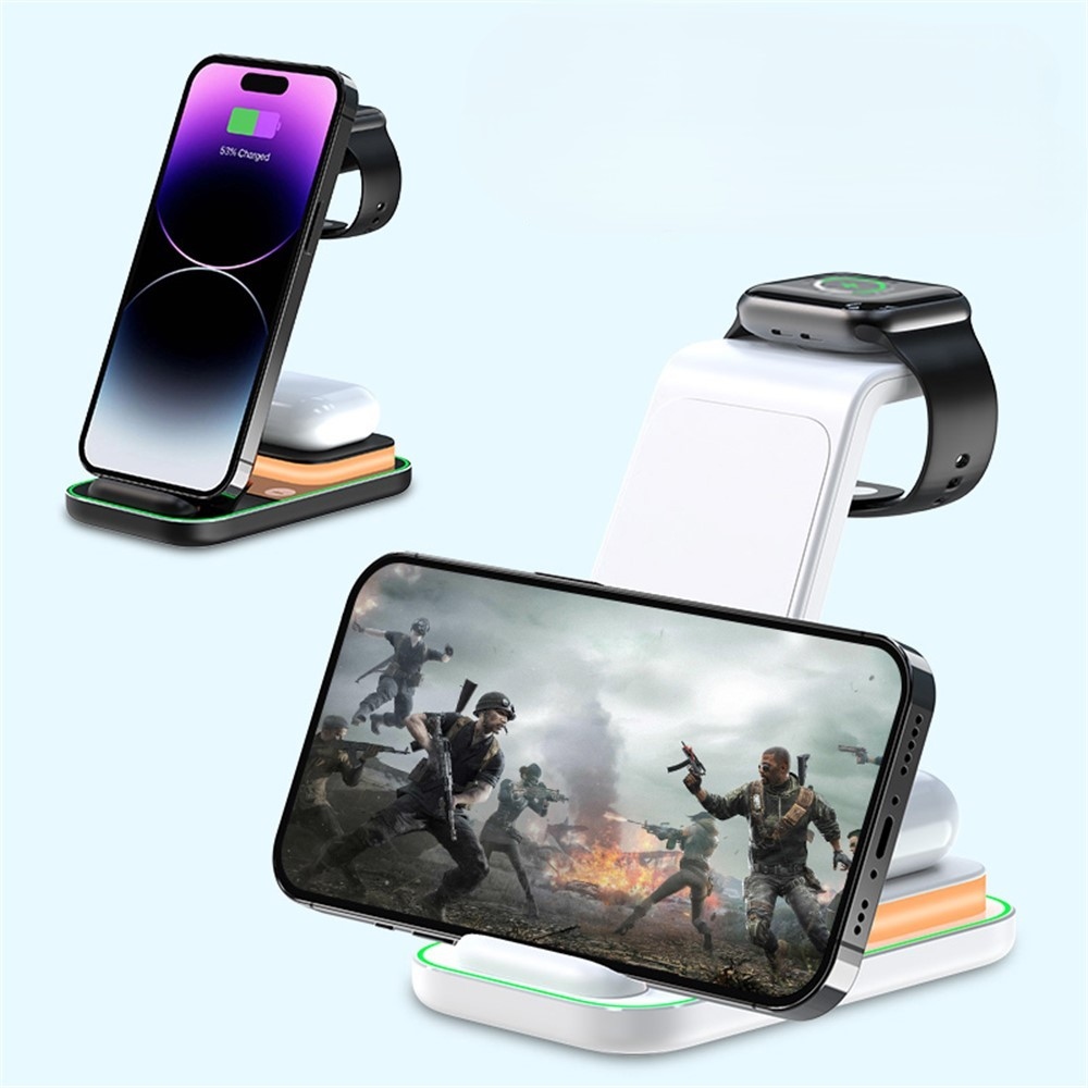 YF-A6 bezdrátová nabíjecí stanice 3v1 15W s nočním světlem - černá