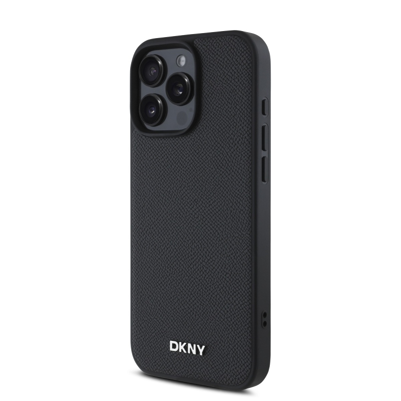 DKNY PU Leather Silver Metal Logo Magsafe Zadní Kryt pro iPhone 16 Pro Black