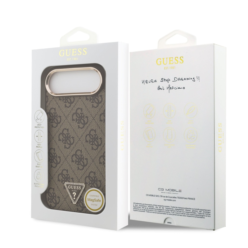 Guess PU Leather 4G Strass Triangle Logo Gold Frame MagSafe Zadní Kryt pro iPhone Air Brown