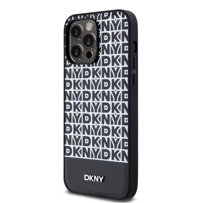 DKNY PU Leather Repeat Pattern Bottom Stripe MagSafe Zadní Kryt pro iPhone 15 Pro Max Black