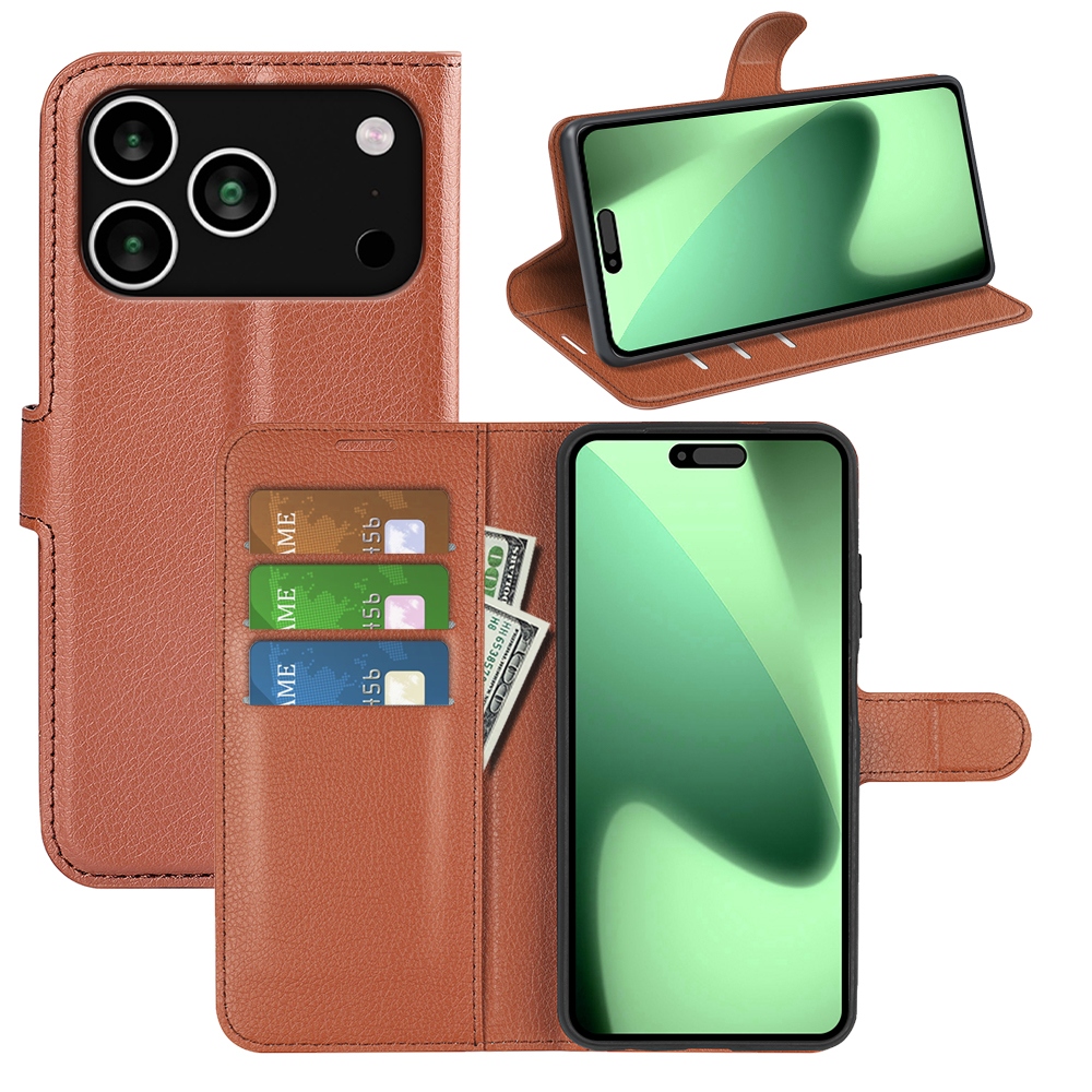 Litchi knížkové pouzdro na iPhone 17 Pro - hnědý