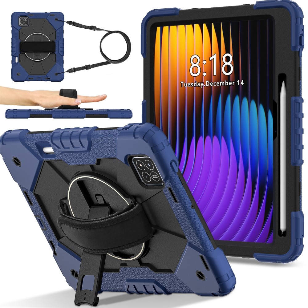 Strap odolný kryt s držákem na ruku a ramenním popruhem na Xiaomi Pad 7/7 Pro - tmavěmodrý/černý