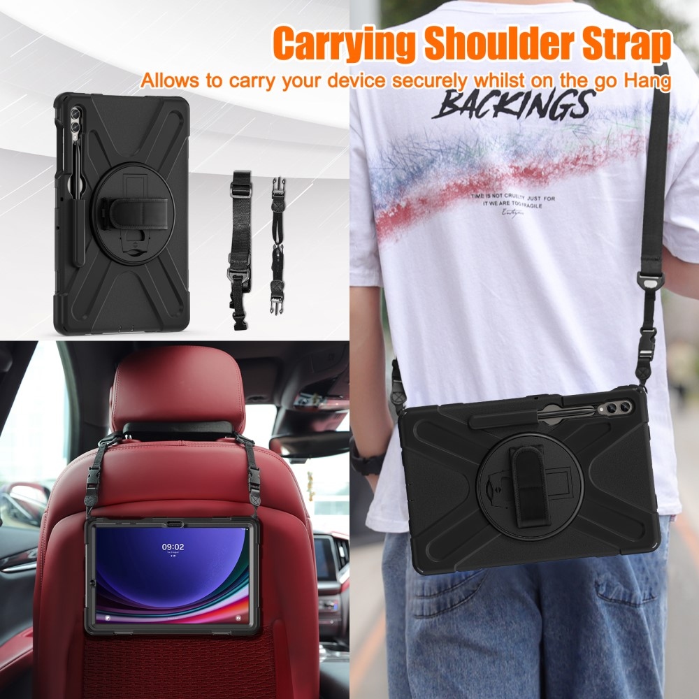 Strap odolný kryt s úchopem na ruku a popruhem na Samsung Galaxy Tab S10+/S9+/S9 FE+/S8+/S7+ - černý