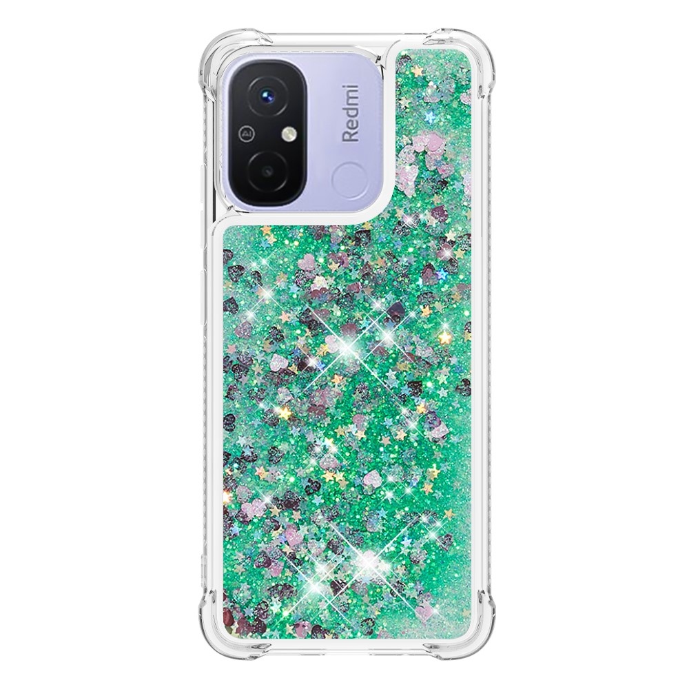 Glitter přesýpací gelový obal na Xiaomi Redmi 12C - zelený/srdíčka