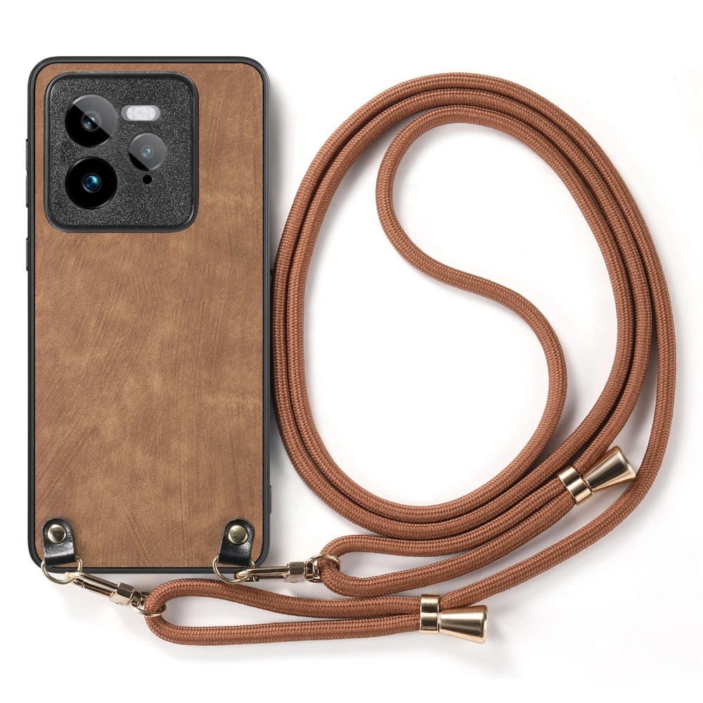 Retro gelový obal se šňůrkou a s umělou kůží na Realme GT 7 Pro 5G - hnědý