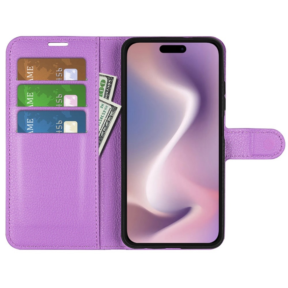 Litchi knížkové pouzdro na iPhone 16 - fialové