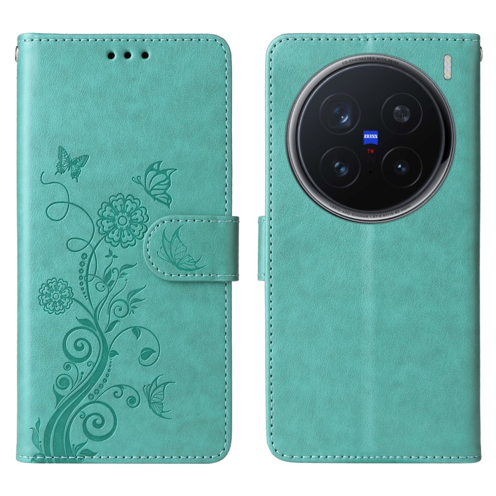 Flowery knížkové pouzdro na Vivo X200 Pro 5G - modrozelené