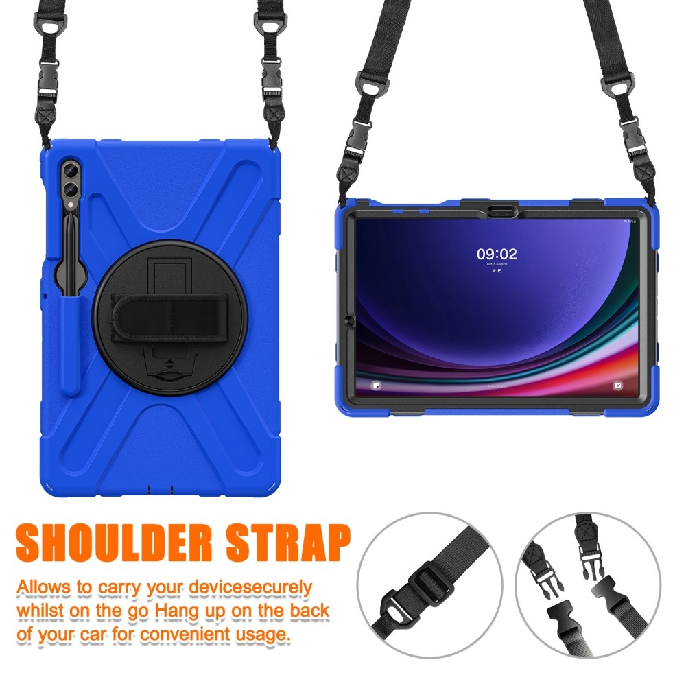 Strap odolný kryt s úchopem na ruku a popruhem na Samsung Galaxy Tab S10+/S9+/S9 FE+/S8+/S7+ - modrý