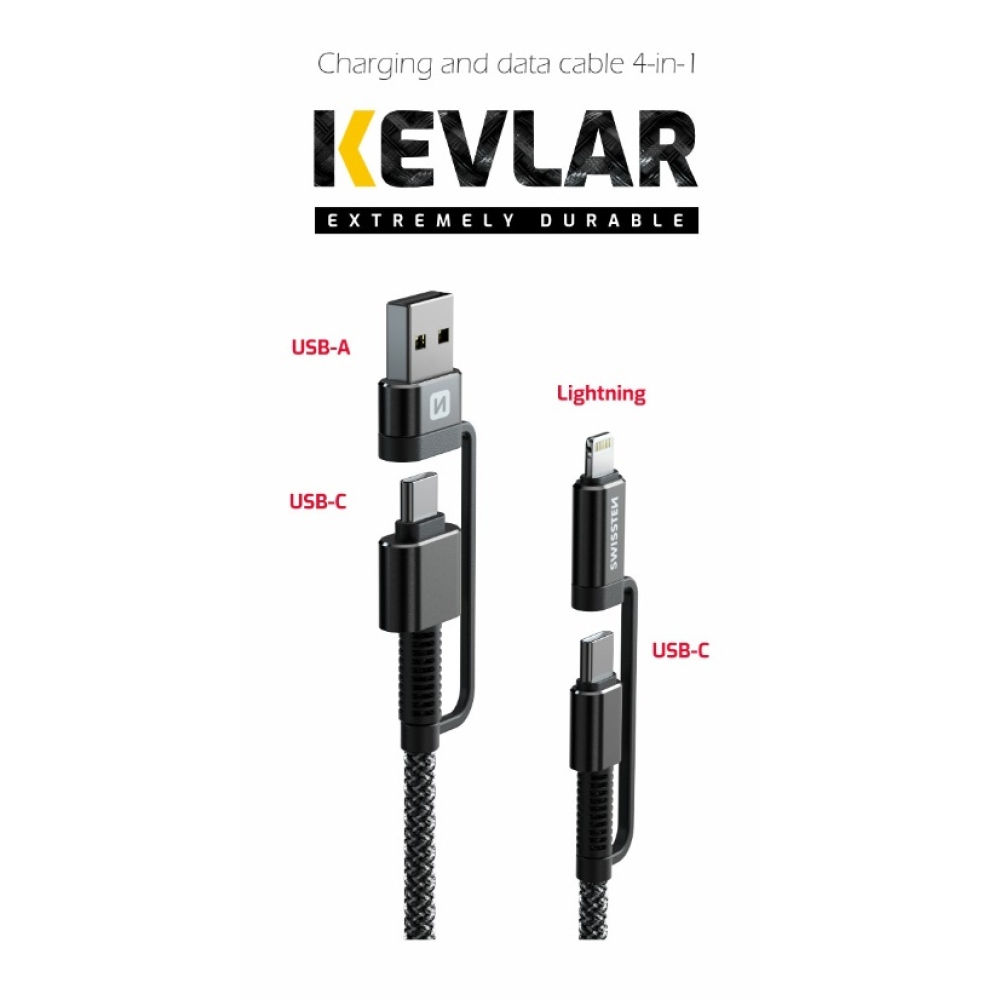 Swissten datový kabel Kevlar 4v1 3A 1,5m - antracitový