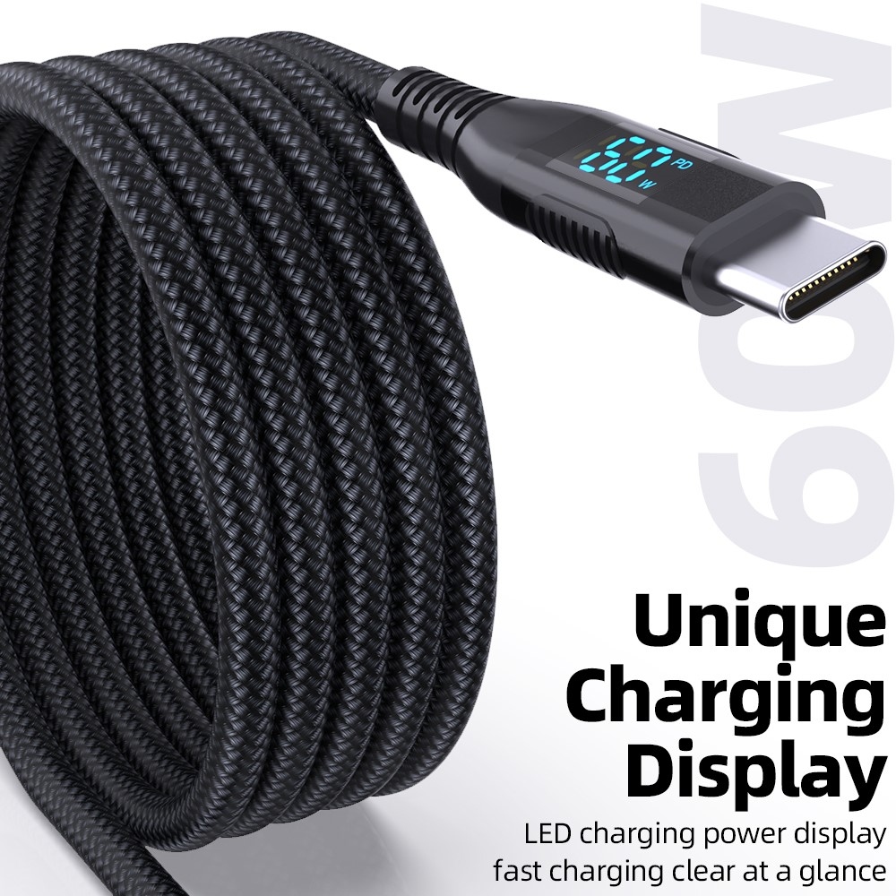 Nylonový kabel USB-C / USB-C s displejem 3m 60W - černý