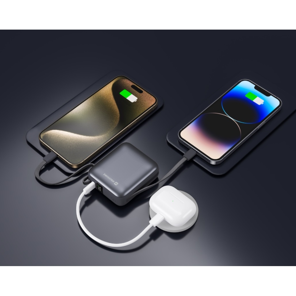 Powerbanka Swissten s integrovanými kabely USB-C a Lightning, 10000 mAh - stříbrná