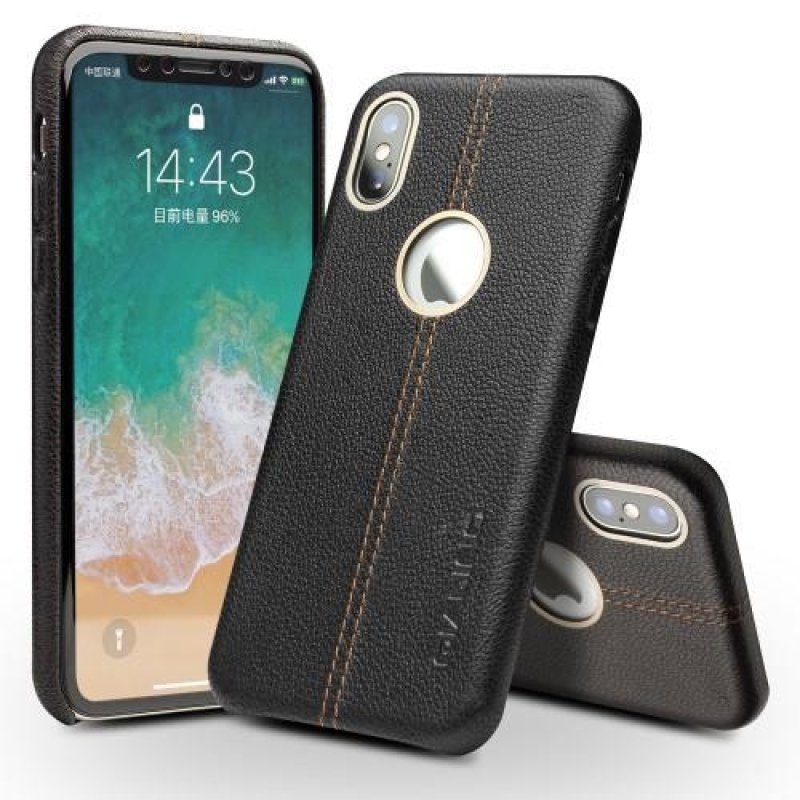 Qial plastový obal se zády z pravé kůže na iPhone X - černý