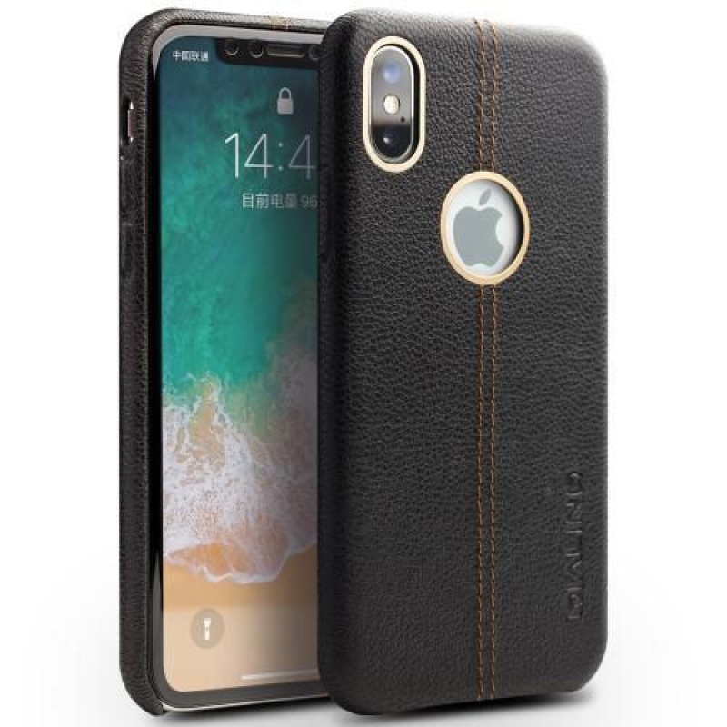 Qial plastový obal se zády z pravé kůže na iPhone X - černý