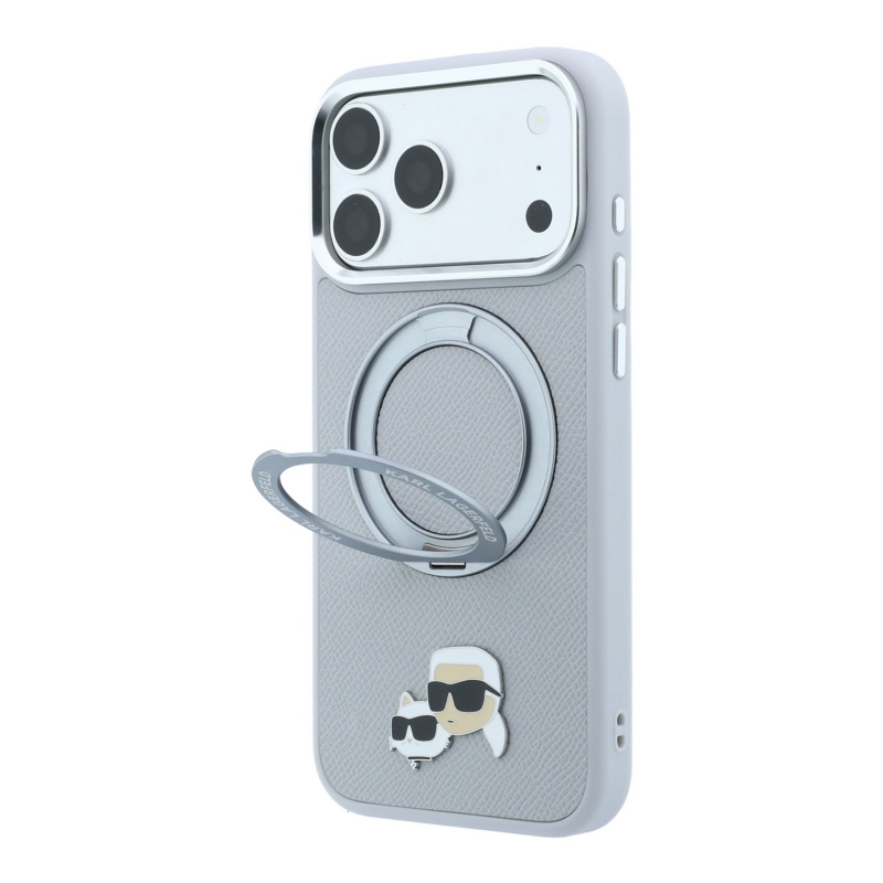 Karl Lagerfeld PU Grained K&CH Heads Ring Stand Magsafe Zadní Kryt pro iPhone 18 Pro Grey