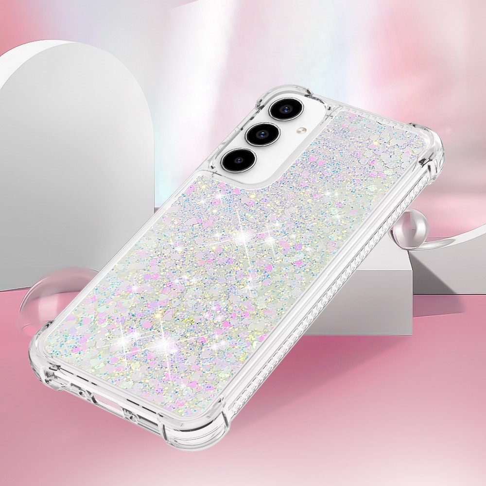 Glitter gelový přesýpací obal na Samsung Galaxy A35 5G - růžovostříbrný/srdíčka