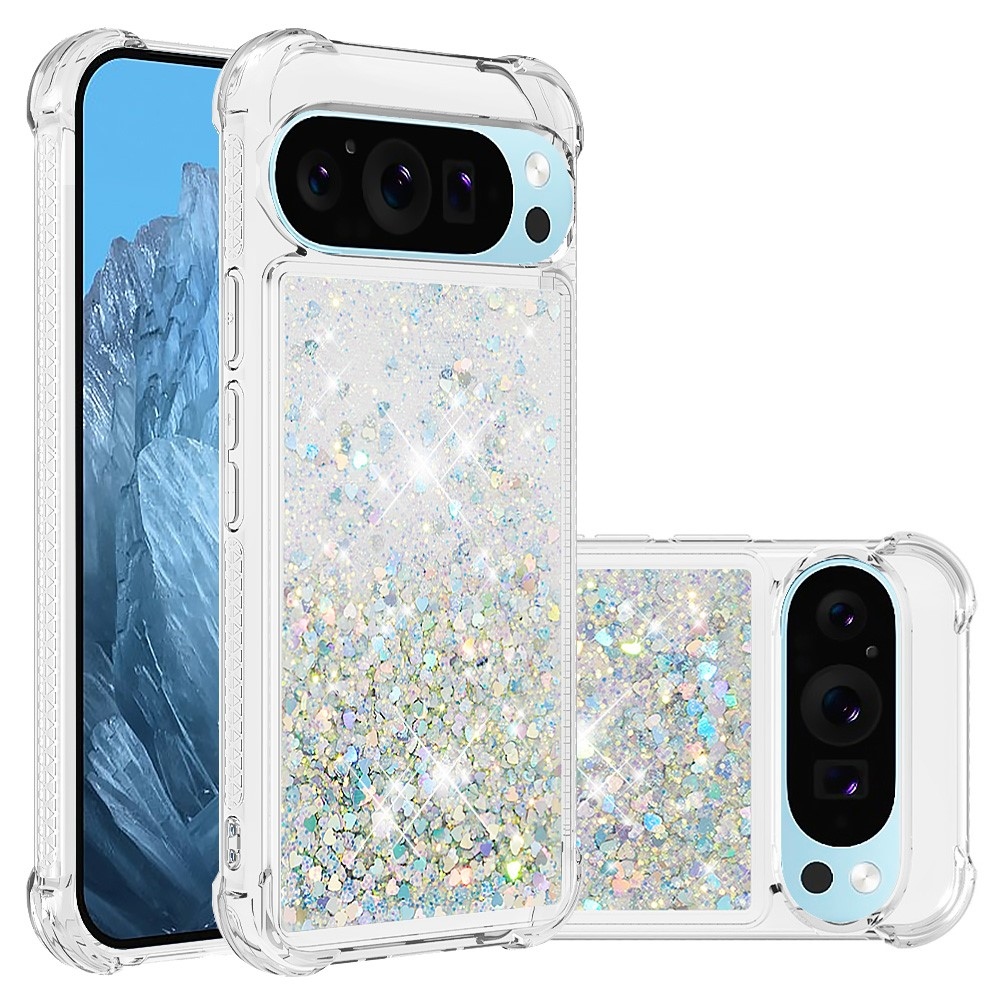 Glitter přesýpací gelový obal na Google Pixel 10 Pro/Pixel 10 - stříbrný/srdíčka