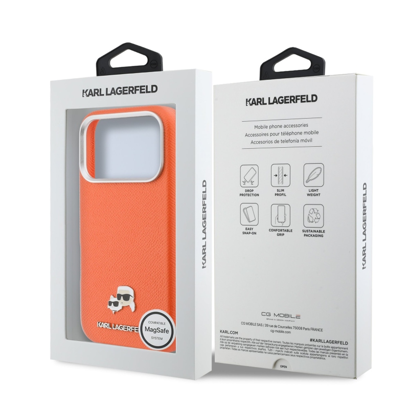 Karl Lagerfeld PU Karl and Choupette Heads Pins MagSafe Zadní Kryt pro iPhone 17 Pro Max Orange