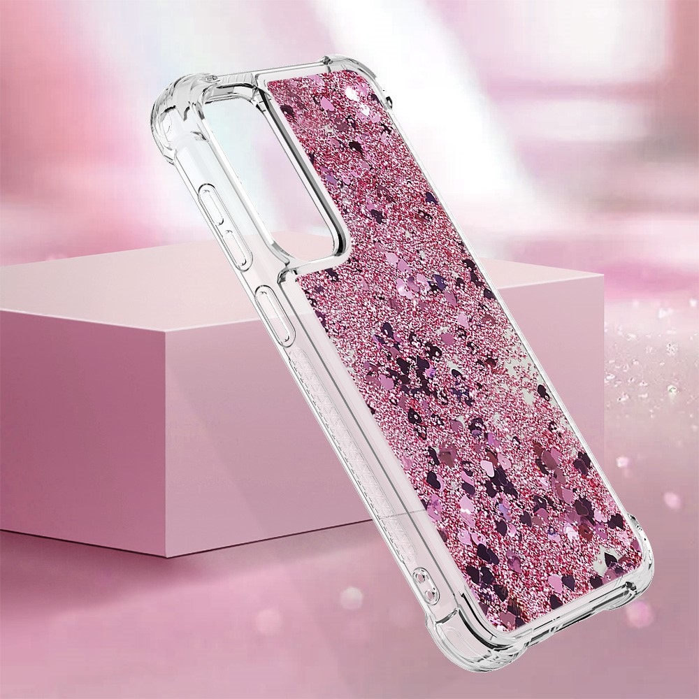 Glitter gelový přesýpací obal na Samsung Galaxy S23 FE - růžovozlatý/srdíčka