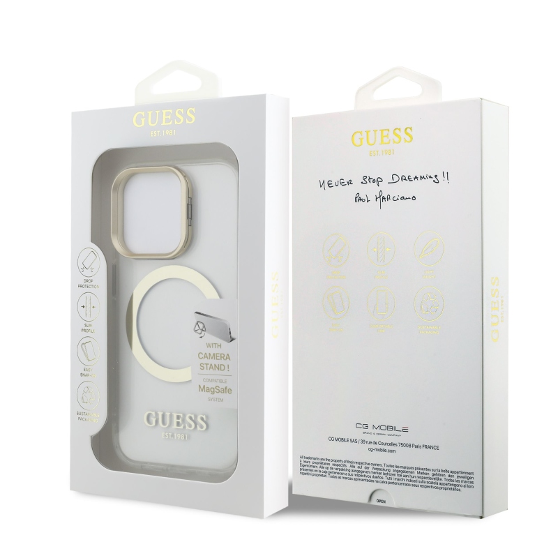 Guess IML Gold Outline Stand Camera Frame MagSafe Zadní Kryt pro iPhone 15 Pro Transparent