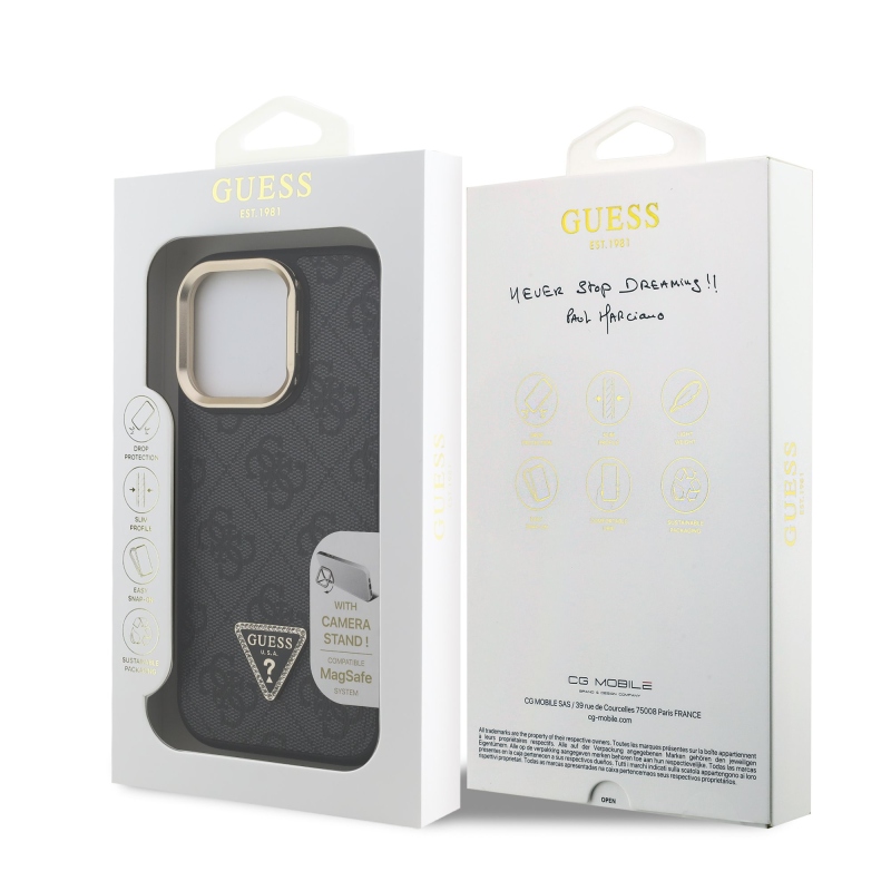 Guess PU 4G Strass Triangle Logo Stand Camera Frame MagSafe Zadní Kryt pro iPhone 16 Pro Black