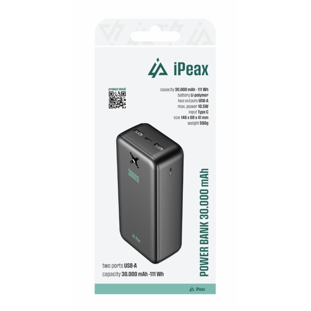 iPEAX Powerbanka 30 000 mAh 10,5W 2x USB-A, černá