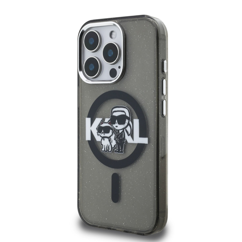 Karl Lagerfeld IML Glitter Karl and Choupette Sketch MagSafe Zadní Kryt pro iPhone 15 Pro Black