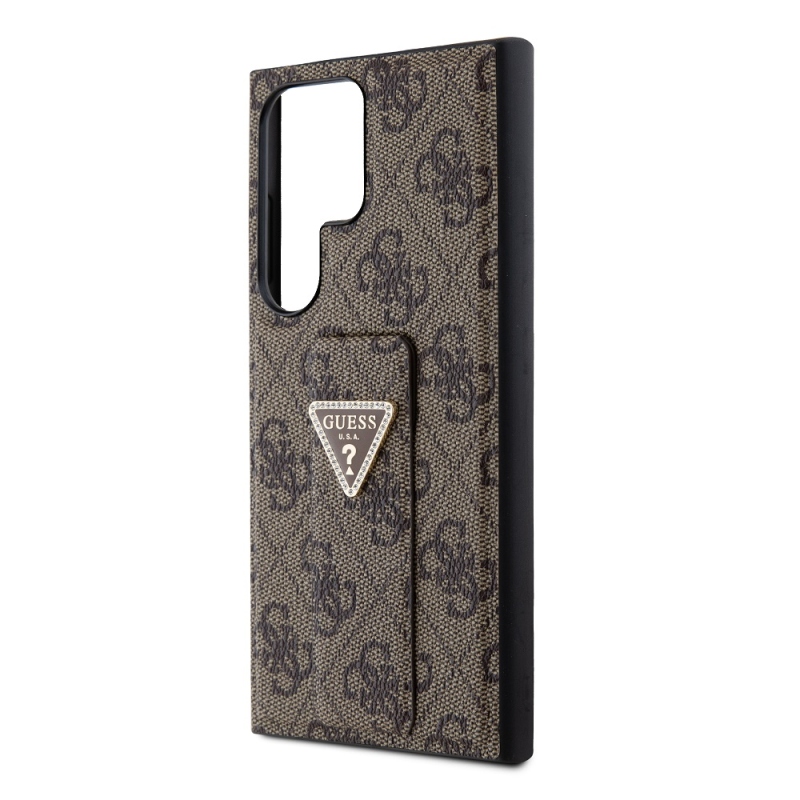 Guess PU Grip Stand 4G Strass Triangle Metal Logo Zadní Kryt pro Samsung Galaxy S24 Ultra  Brown