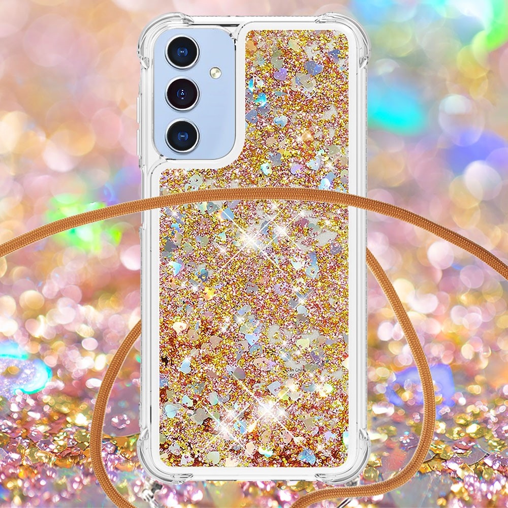 Glitters přesýpací gelový obal se šňůrkou na Samsung Galaxy A26 5G - zlatý/srdíčka