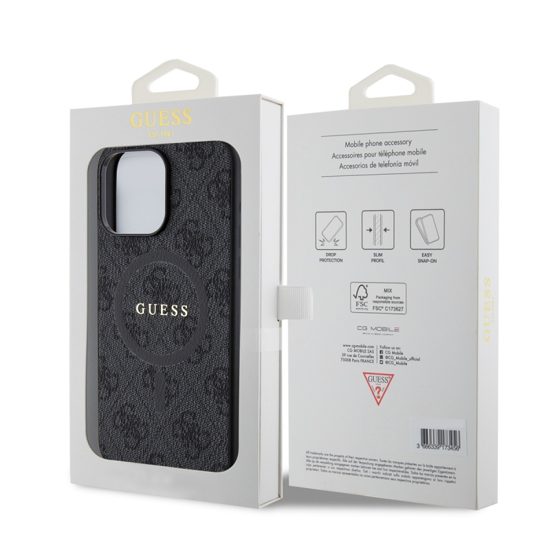 Guess PU Leather 4G Colored Ring MagSafe Zadní Kryt pro iPhone 15 Pro Max Black