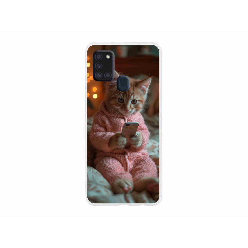 Gelový kryt mmCase na Samsung Galaxy A21s - kotě s mobilem