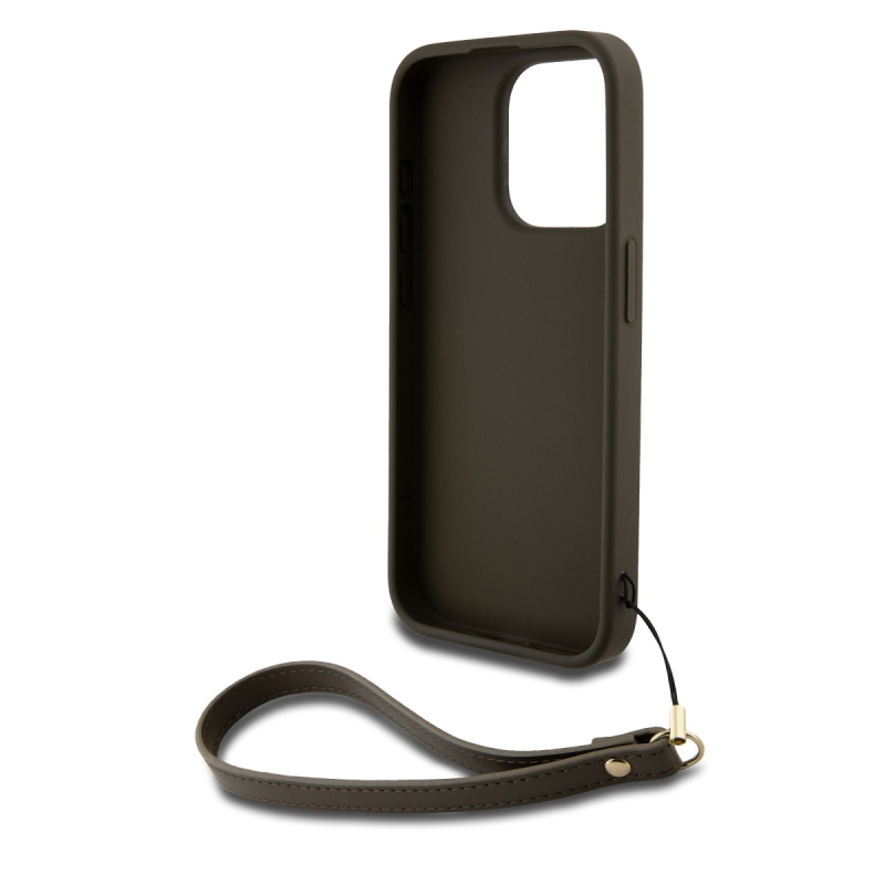DKNY PU Leather Stack Logo Wrist Strap Zadní Kryt pro iPhone 14 Pro Brown
