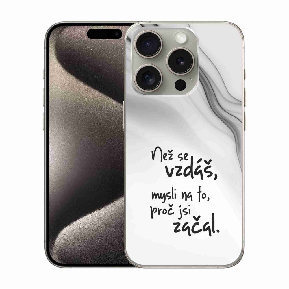 Gelový kryt mmCase na iPhone 15 Pro - citát 2 bílé pozadí