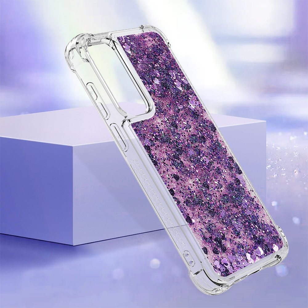 Glitter gelový přesýpací obal na Samsung Galaxy A35 5G - tmavěfialový/srdíčka