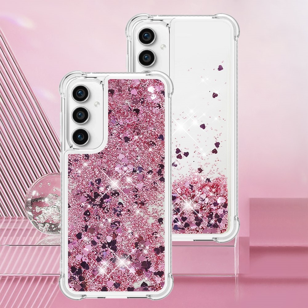 Glitter gelový přesýpací obal na Samsung Galaxy S23 FE - růžovozlatý/srdíčka